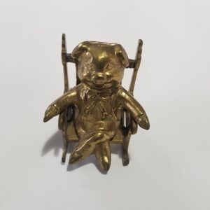 Vintage Solid Brass Pig In A Rocking Chair Figurine